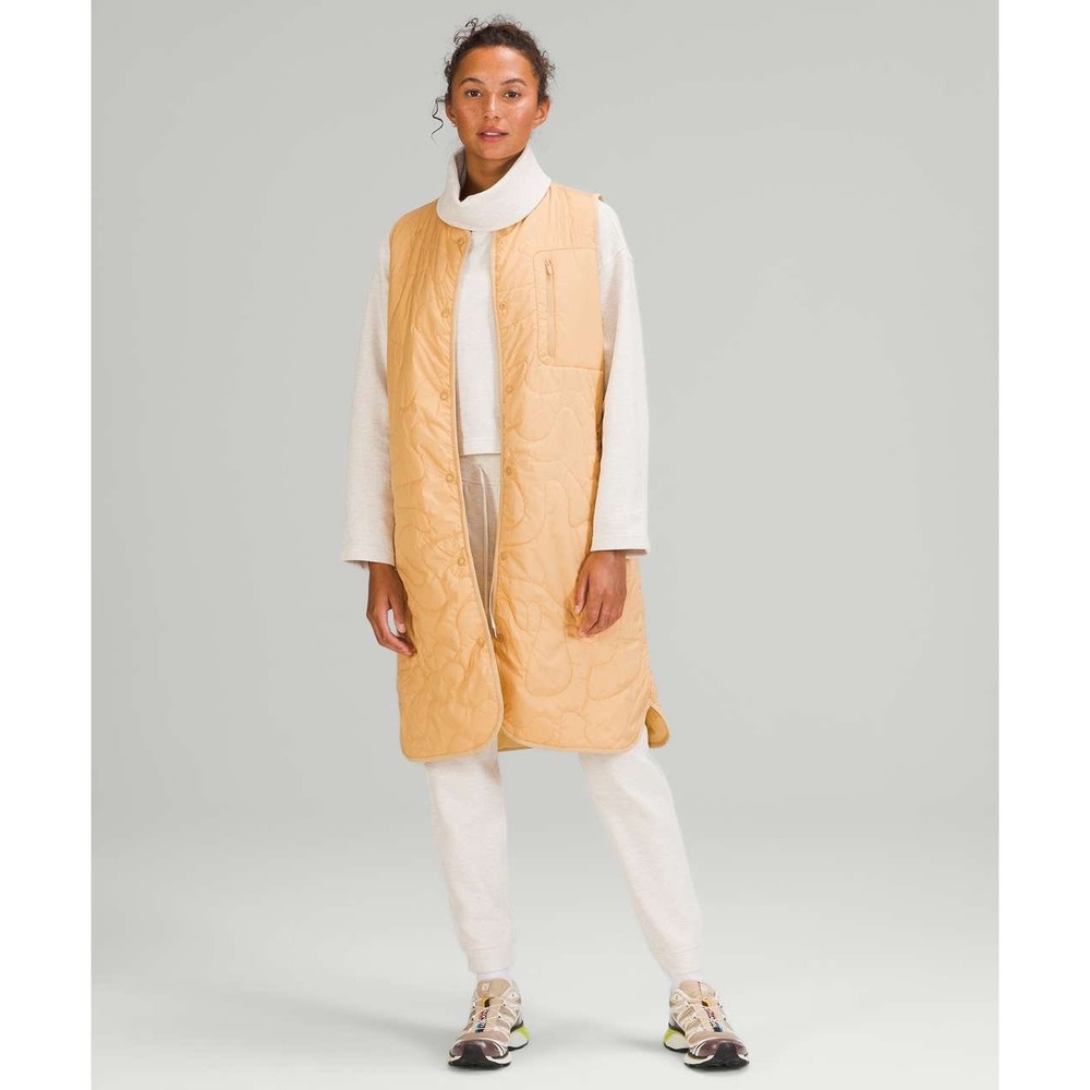 Lululemon Lab Long Quilted Vest Mustard Yellow‎ Snap Front Size 6
